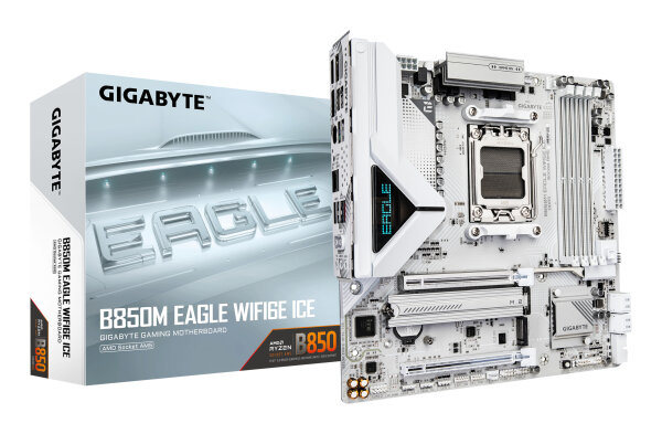 GIGABYTE B850M EAGLE WIFI6E ICE Mainboard – Unterstützt AMD Ryzen 9000 Serie CPUs, digitales 8+2+2 Phasen VRM, bis zu 8200 MHz DDR5 (OC), 1 x PCIe 5.0 + 1 x PCIe 4.0 M.2, Wi-Fi 6E, 2.5 GbE LAN, USB 3.2 Gen 2