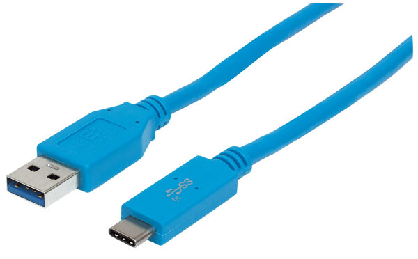 Manhattan USB-C 3.1 Gen2-Kabel, zertifiziert nach USB-IF, USB 3.1, Gen 2, Typ A Stecker - Typ C Stecker, 10 Gbps, 1 m, blau
