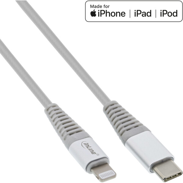 InLine USB-C Lightning Kabel, für iPad, iPhone, silber/Alu, 2m MFi-zertifiziert
