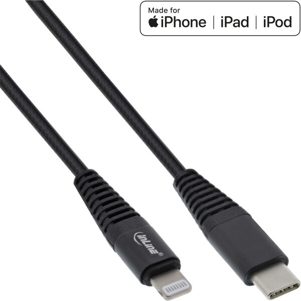 InLine USB-C Lightning Kabel, für iPad, iPhone, schwarz/Alu 1m MFi-zertifiziert