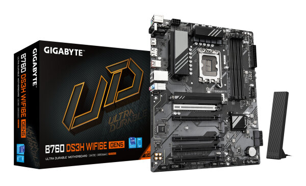GIGABYTE B760 DS3H WIFI6E GEN5 Mainboard – Unterstützt Intel Core Prozessoren der 14. Generation, 8+2+1 Phasen Digital-VRM, bis zu 5600 MHz DDR5, 2xPCIe 4.0 M.2, Wi-Fi 6E, 1 GbE LAN, USB 3.2 Gen 2x2