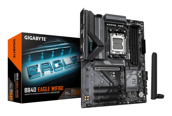 GIGABYTE B840 EAGLE WIFI6E Mainboard - AMD Ryzen 9000 Prozessoren, 8+2+2 Phasen VRM, bis zu 8200MHz DDR5(O.C), 2xPCIe 4.0 + 1xPCIe 3.0 M.2, Wi-Fi 6E, 2.5GbE LAN, USB 3.2 Gen 2