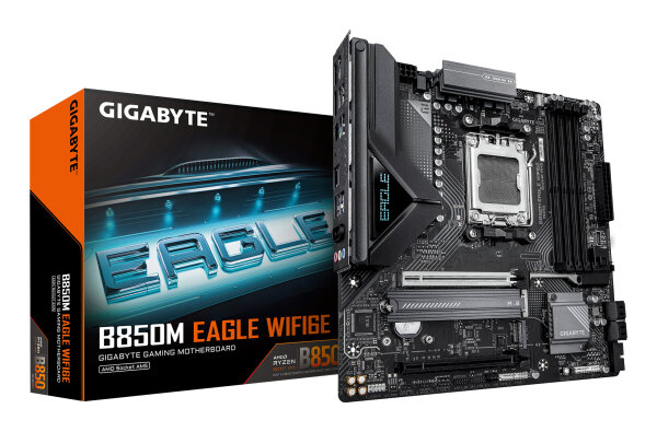GIGABYTE B850M EAGLE WIFI6E Mainboard - AMD Ryzen 9000 Serie CPUs, 8+2+2 Phasen Digital-VRM, bis zu 8200MHz DDR5 (OC), 1xPCIe 5.0 + 1xPCIe 4.0 M.2, Wi-Fi 6E, 2.5GbE LAN, USB 3.2 Gen 2