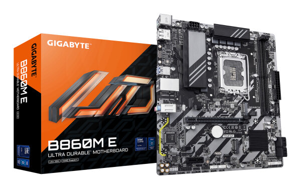 GIGABYTE B860M E Mainboard - Intel Core Ultra Series CPUs, 4+1+2 Phasen VRM, bis zu 8800MHz DDR5 (O.C), 2xPCIe 4.0 M.2, 1GbE LAN, USB 3.2 Gen 1