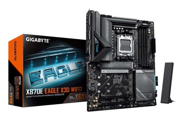 GIGABYTE X870E EAGLE X3D WIFI7 Mainboard – Unterstützt AMD Ryzen 9000 CPUs, digitales 14+2+2-Phasen-VRM, bis zu 9000 Hz DDR5 (OC), 1× PCIe 5.0 + 3× PCIe 4.0, Wi-Fi 7, 5-GbE-LAN, USB 4