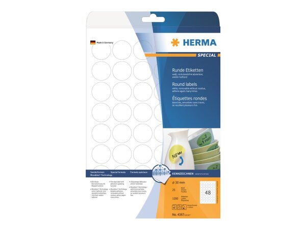 HERMA Ablösbare Etiketten A4 Ø 30 mm rund weiß Movables/ablösbar Papier matt 1200 St.