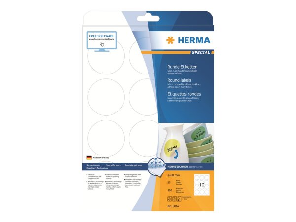 HERMA Ablösbare Etiketten A4 Ø 60 mm rund weiß Movables/ablösbar Papier matt 300 St.