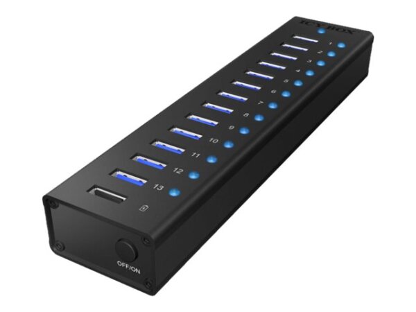 ICY BOX IB-AC6113, 13 Port USB3.0 Hub + 1x Ladeport, Aluminium Gehäuse mit Netzteil