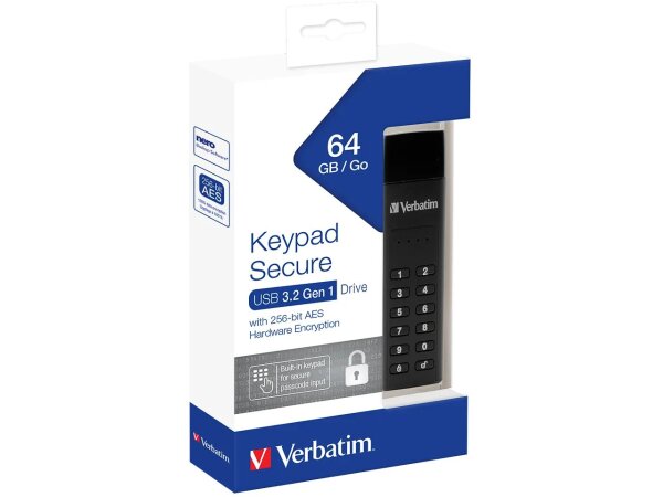 Verbatim Keypad Secure - USB-3.0-Stick 64 GB - Datenspeicher mit Passwortschutz, inkl. USB-A zu USB-A-Verlängerungskabel - Schwarz